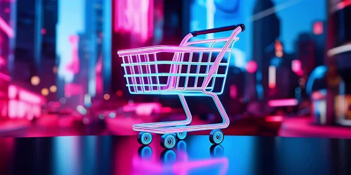 A neon shopping cart on a reflective surface with a blurred city background.