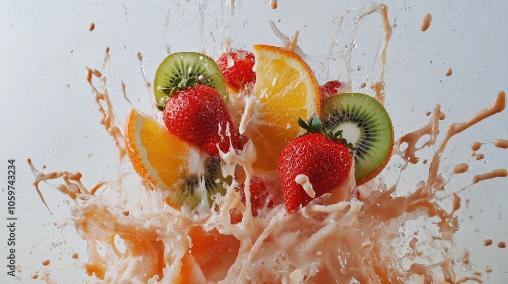 Poster dynamic smoothie splash with fresh strawberries, kiwi, and oranges, isolated on a white canvas
