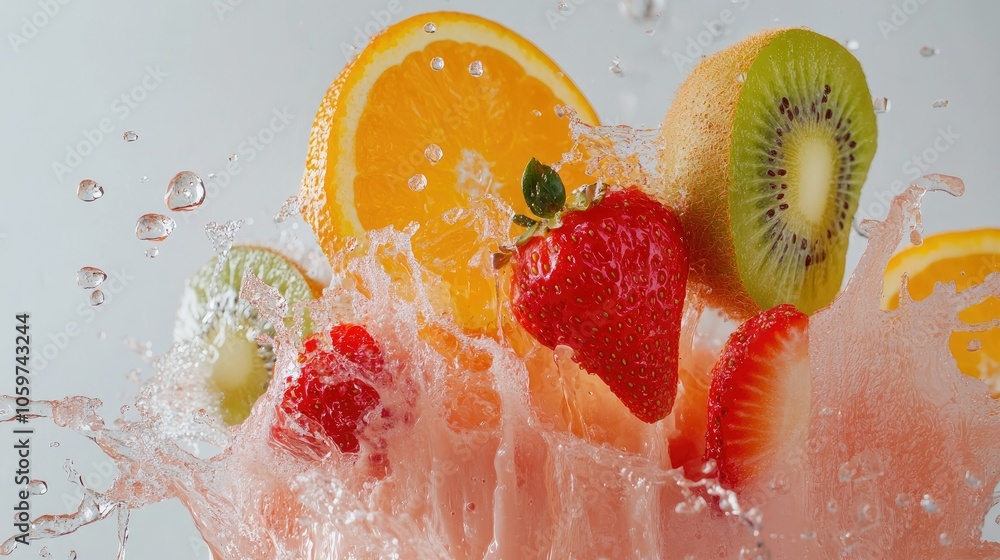 Poster dynamic smoothie splash with fresh strawberries, kiwi, and oranges, isolated on a white canvas