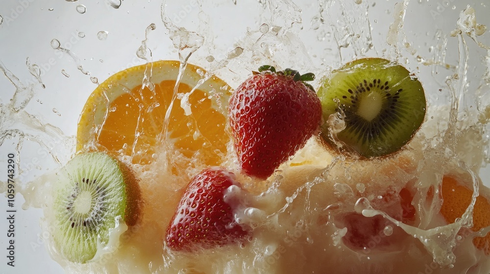 Poster dynamic smoothie splash with fresh strawberries, kiwi, and oranges, isolated on a white canvas