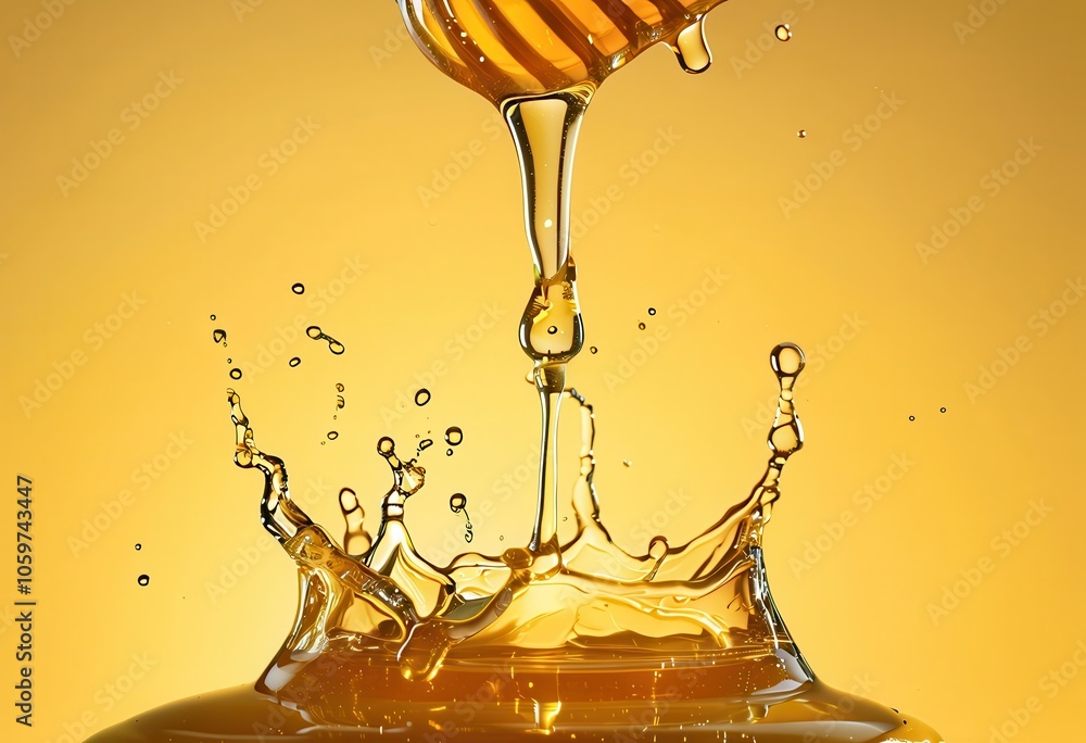 Poster a close-up of honey dripping into a bowl, creating a splash effect.