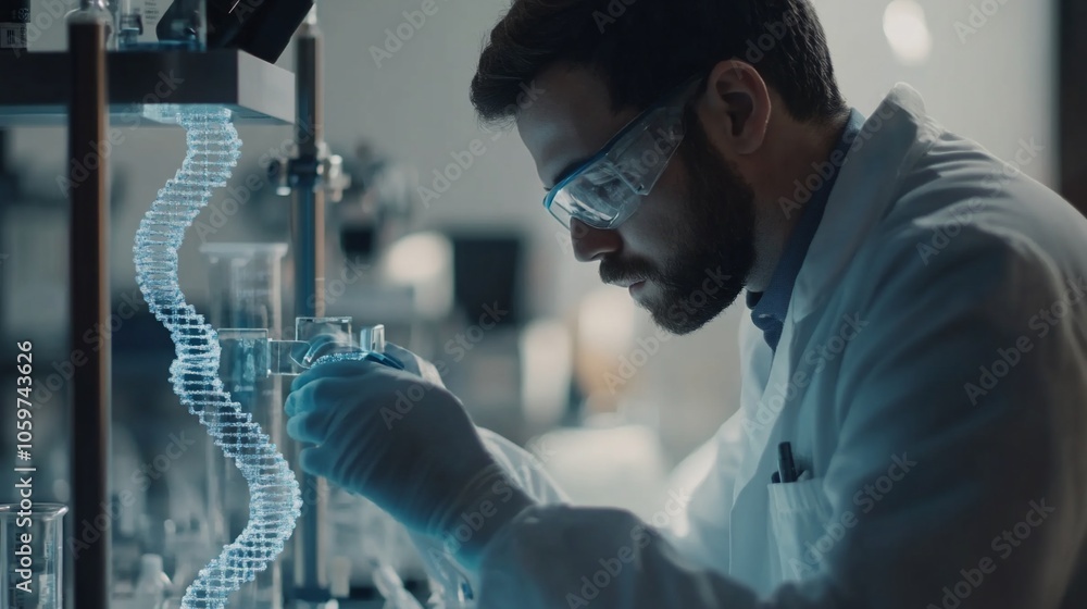 Poster scientist working in a laboratory with a digital dna strand model.