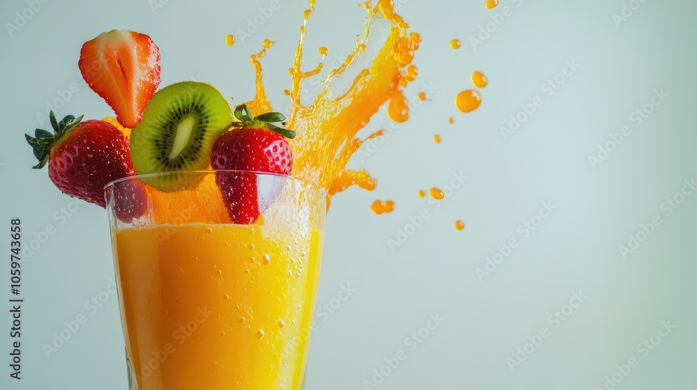 Poster fresh fruit smoothie splash with strawberries, oranges, and kiwi, creating a burst of color on white