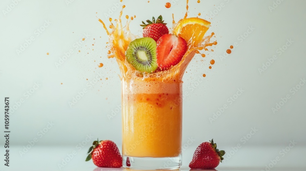 Poster fresh fruit smoothie splash with strawberries, oranges, and kiwi, creating a burst of color on white