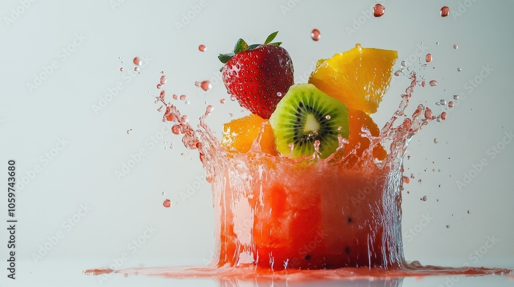 Poster fresh fruit smoothie splash with strawberries, oranges, and kiwi, creating a burst of color on white