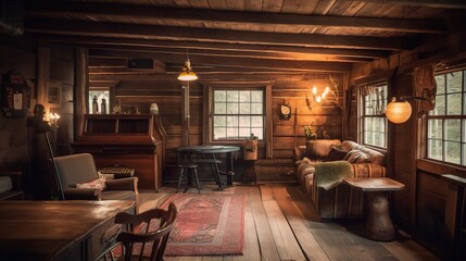 Naklejka premium Cozy Rustic Cabin Interior with Wooden Walls