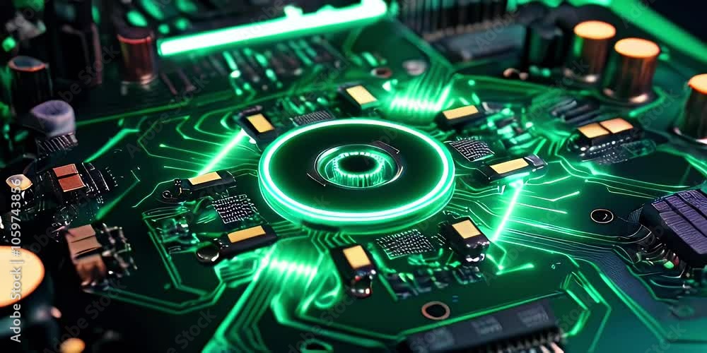 Aufkleber close-up view of a circuit board with green glowing lines around a central component.