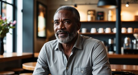 Obraz premium African Middle Aged Man with Beard in Casual Shirt in Coffee Shop Vintage Portrait