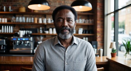 Obraz premium African Middle Aged Man with Beard in Casual Shirt in Coffee Shop Vintage Portrait