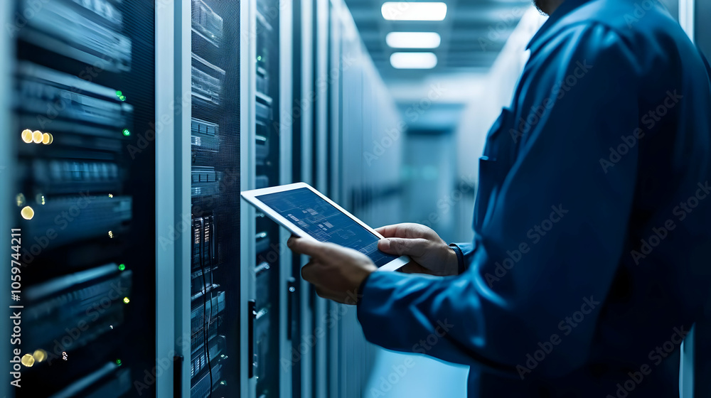 Poster server room technician using tablet - realistic image