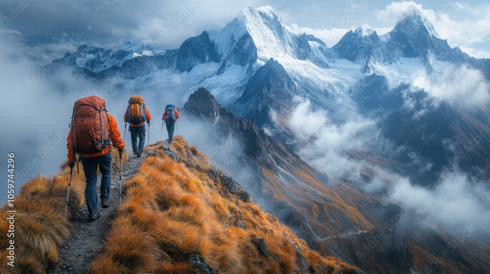 Poster a group of hikers navigate a winding trail amidst towering mountains, showcasing their determination
