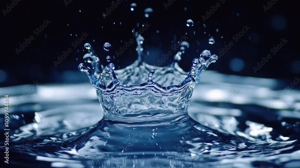 Poster high-speed capture of a water droplet hitting the surface, forming a crown shape with subtle blue hu