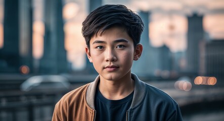 Fototapeta premium Asian Teen Boy with Short Hair in Casual Outfit by Cityscape Retro Portrait Concept