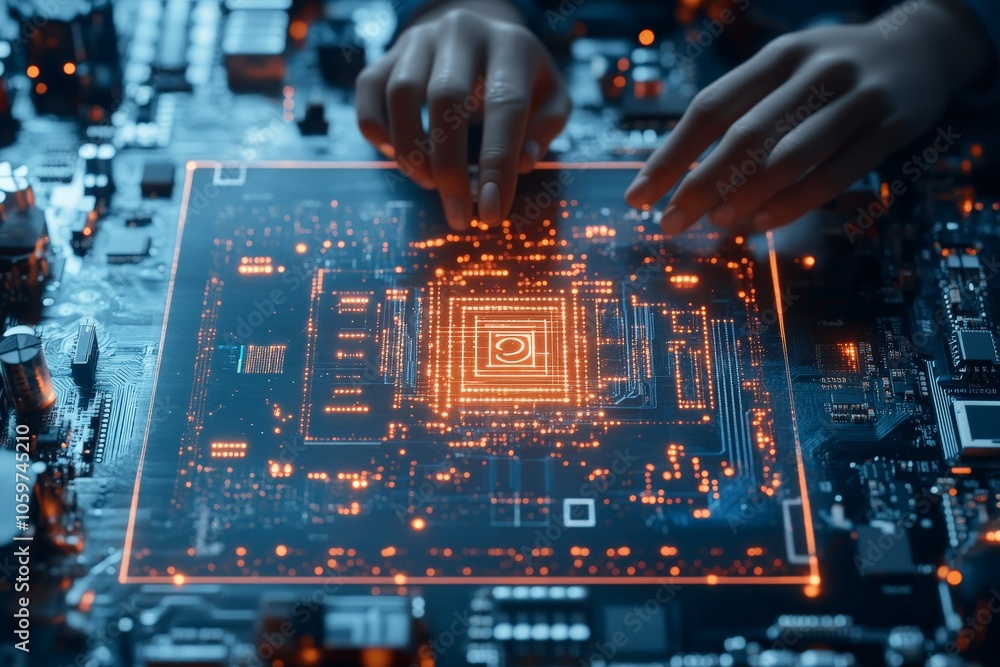 Aufkleber a pair of hands engage with an illuminated circuit board, symbolizing innovation and technology in a