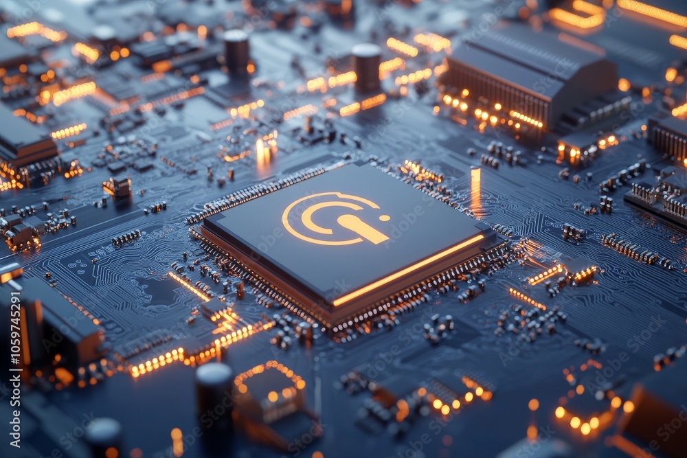 Poster a close-up of a glowing microchip embedded on an intricately designed circuit board, illuminated by 