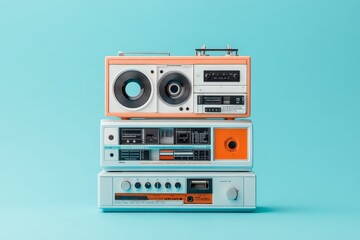 A neatly stacked collection of vintage electronic audio devices, featuring speakers, cassette players, and radios with a charming retro aesthetic.