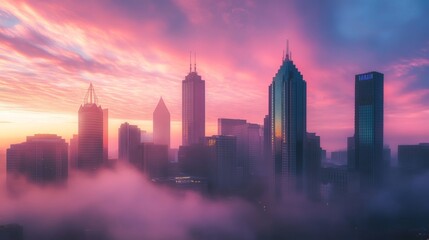 A misty dawn casting pastel colors over the city skyline with towering buildings and a serene atmosphere of early morning