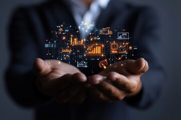 A business professional with a futuristic digital hologram demonstrating technological concepts, advancements, and data analytics, symbolizing the future of business.
