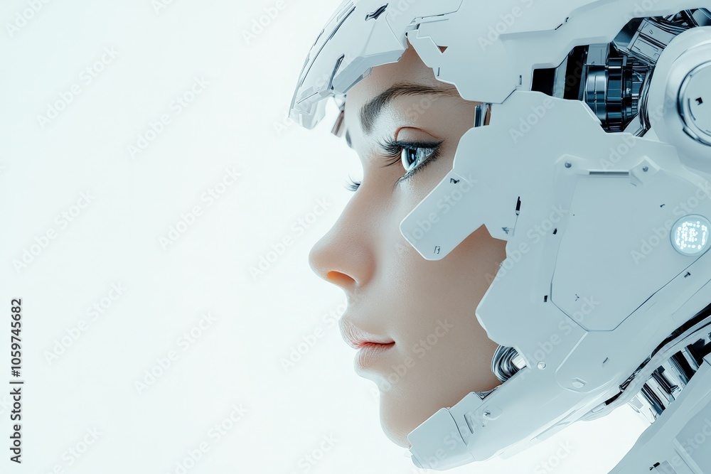 Poster this image features a highly detailed futuristic robot's face in close-up with a side profile, empha