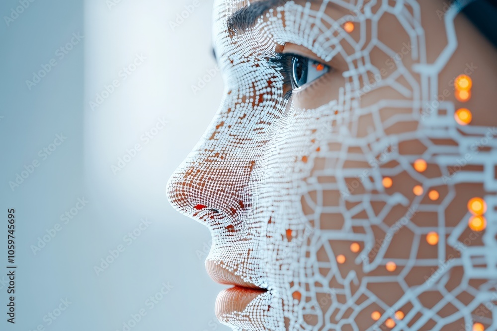Poster this artistic image captures a futuristic face with a digital grid and glowing lights overlay, symbo