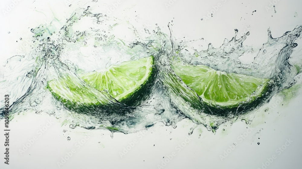 Poster two lime wedges collide in clear splashes, green tones highlighted against a plain white background 