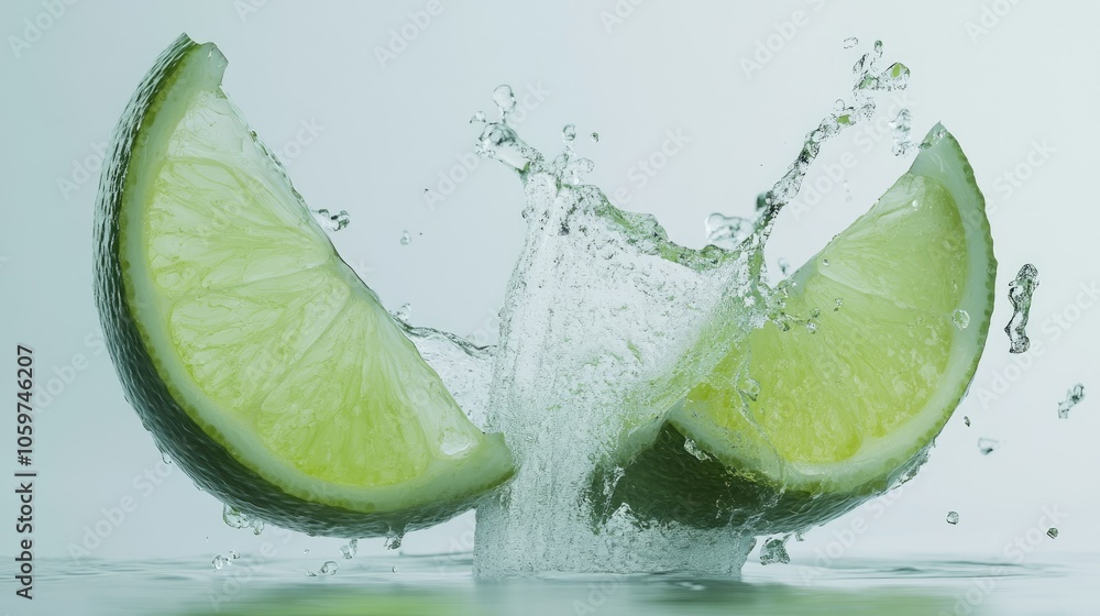 Poster two lime wedges collide in clear splashes, green tones highlighted against a plain white background 