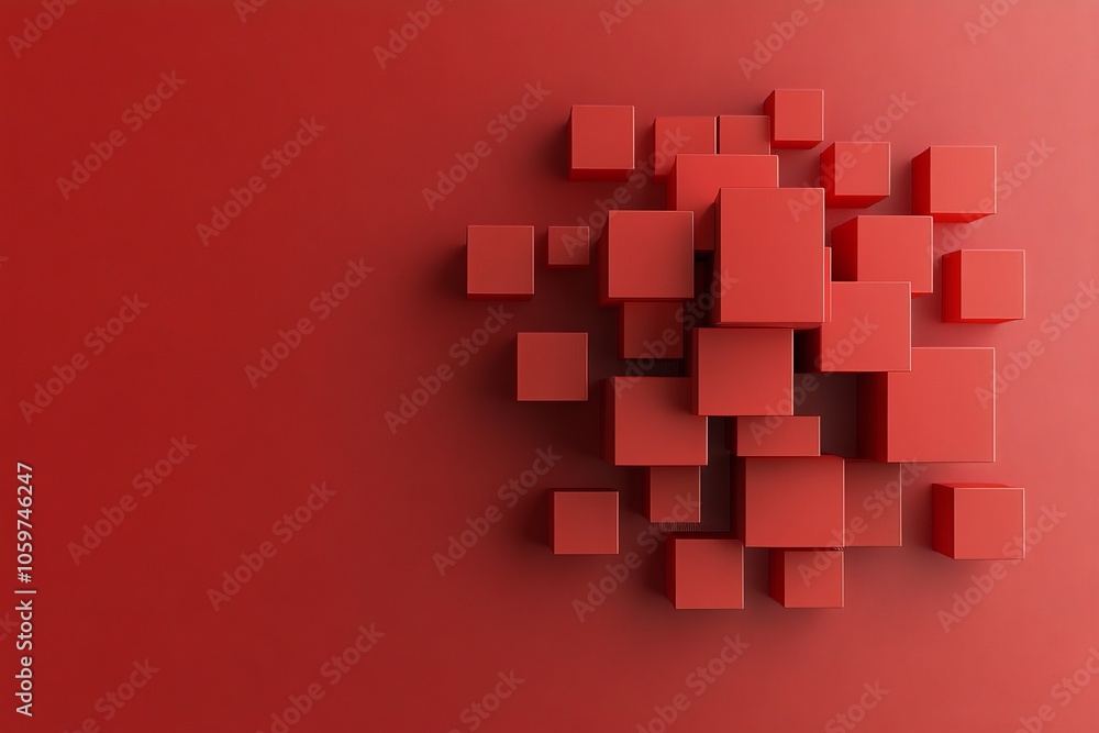 Poster numerous red cubes of varying sizes are creatively assembled on a matching red backdrop, presenting 