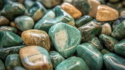 Close-up View of Polished Green and Brown Stones in Natural Lighting