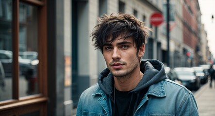 Obraz premium Caucasian Young Man with Messy Hair in Casual Outfit by Urban Street Vintage Portrait