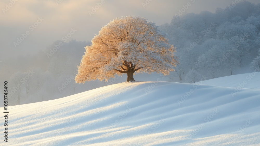 Aufkleber A striking tree with frosted branches rises on a snow-covered hill, illuminated by soft sunlight filtering through the winter mist. The tranquil scenery creates a peaceful atmosphere.