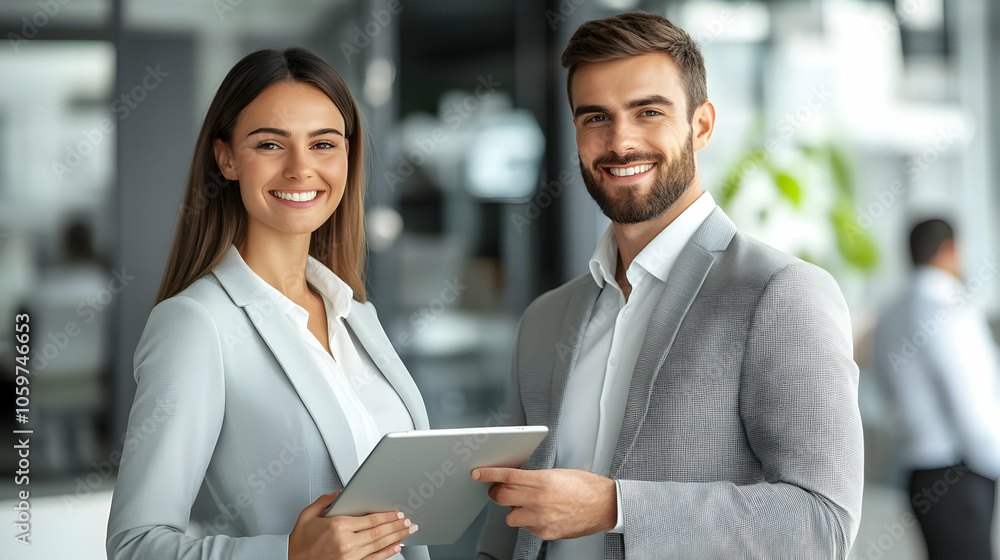 Poster Smiling Businesspeople Using a Tablet in Office - Realistic Image