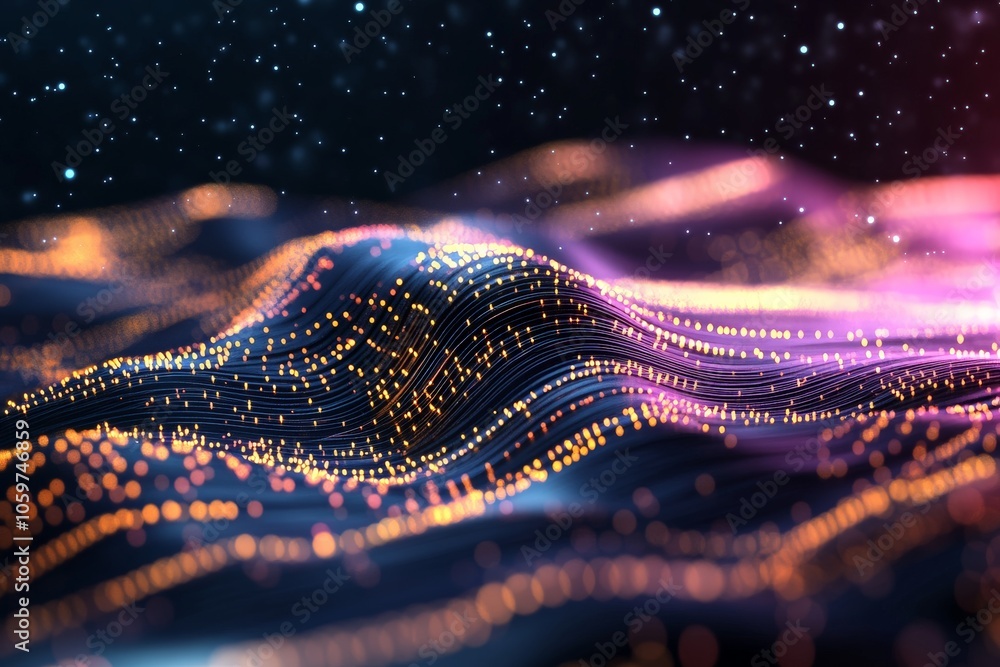 Poster abstract digital landscape filled with glowing, undulating waves of color and light, creating a sens