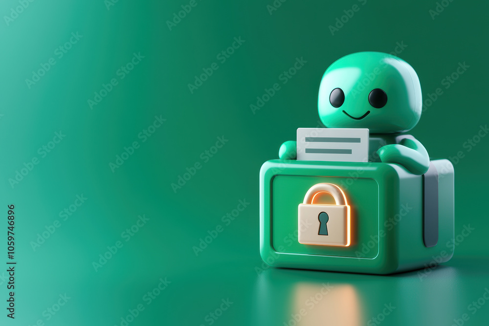 Poster friendly green ai figure holding encrypted files, symbolizing data security and privacy. character i