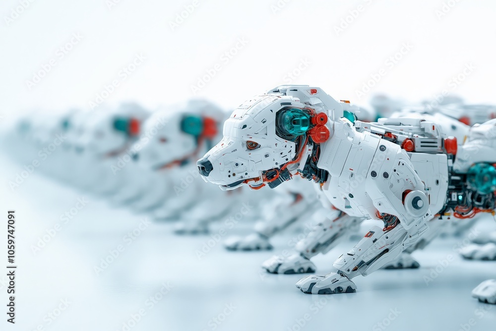 Poster a lineup of sleek, futuristic robotic dogs with advanced design components, depicting technology's e