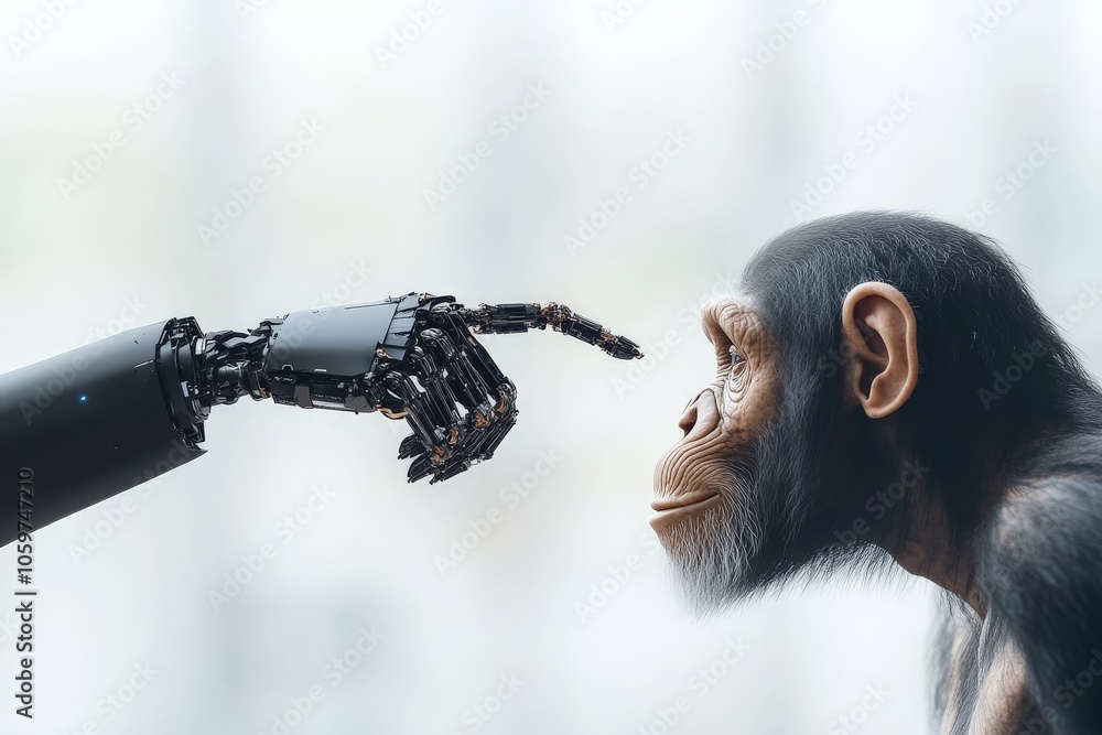 Poster an intricate robotic hand extends toward a curious chimpanzee, symbolizing a connection between tech