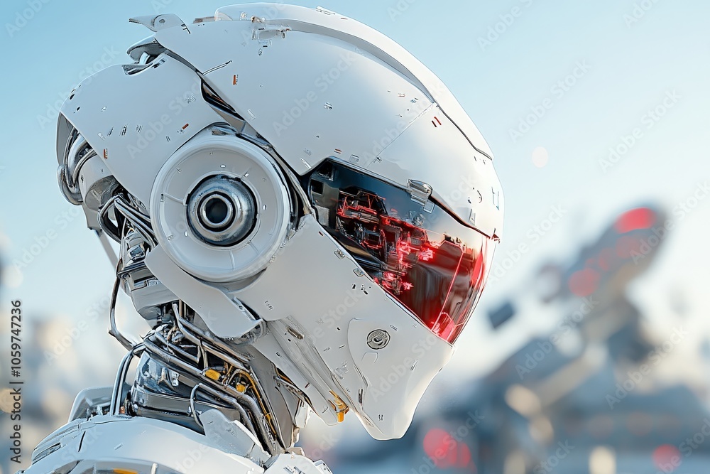 Aufkleber a sleek robot head with intricate gears and a red digital visor, representing advanced technology an