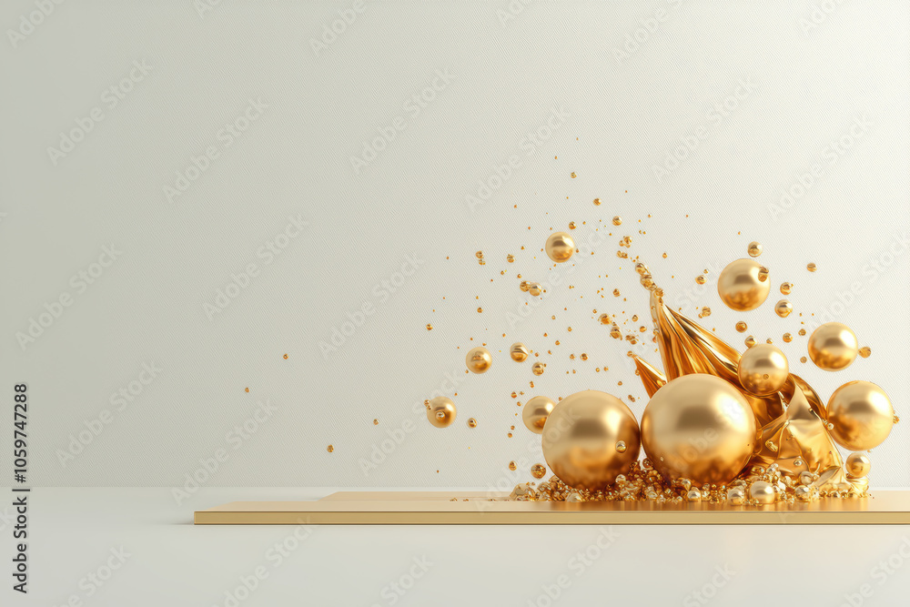 Poster golden spheres and fluid shapes create dynamic composition, showcasing blend of elegance and modern 