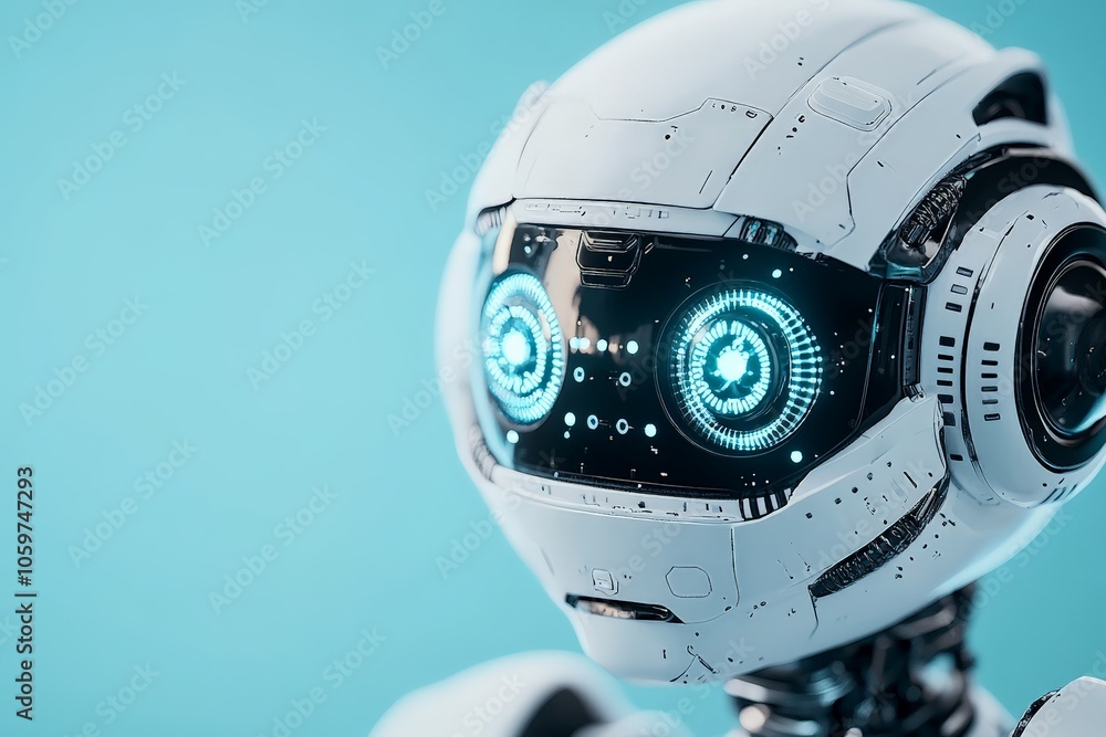 Poster a close-up of a robot's face displaying striking blue eyes through a high-tech visor, symbolizing ad