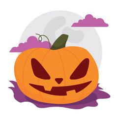 Angry jack-o -lantern pumpkin under full moon, Vector