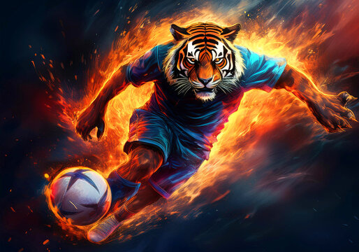 tigre futbolista agresivo y furioso jugando con el bal&oacute;n mientras arde en llamas y fuego sobre fondo oscuro, ia, ilustraci&oacute;n digital, jugador infernal, pasi&oacute;n de futbol, tigre haciendo gol, futbolista