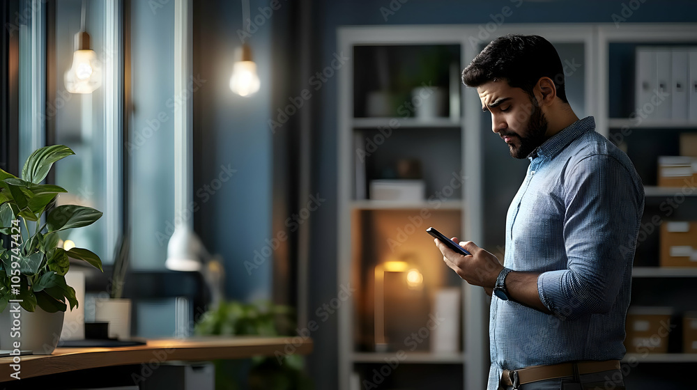 Aufkleber man using smartphone in office - realistic image