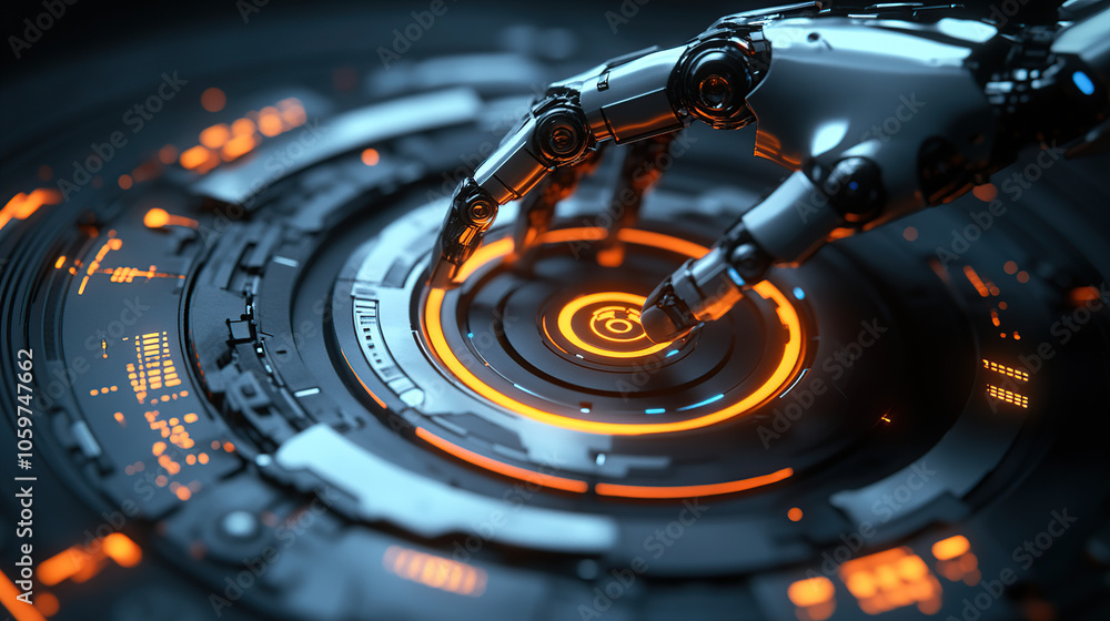 Poster abstract futuristic robot hand touching a digital holographic screen with circular high-tech element