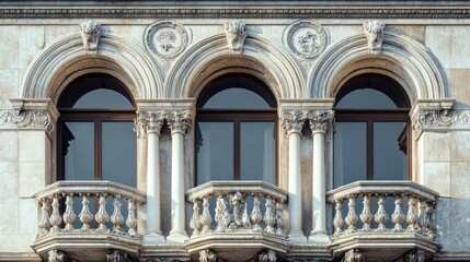 Fototapeta premium Symmetrical Renaissance-style facade with arched windows and detailed columns