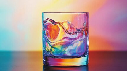 Colorful liquid swirls in a glass, vibrant shades merging in fluid motion, creating a mesmerizing dynamic dance