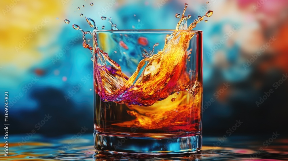Poster glass filled with vibrant colors in motion, fluid dynamics of hues blending and swirling gracefully