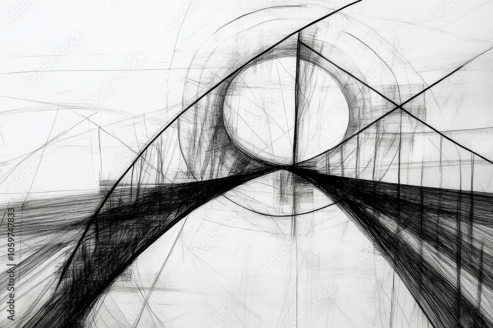 Poster an abstract depiction of a bridge with intersecting lines and circles, evoking a sense of movement a