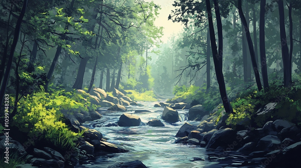 Poster a tranquil stream flows through a lush green forest, sunlight filtering through the trees.