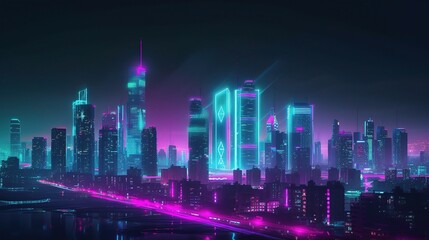 Fototapeta premium Neon Futuristic City Skyline at Night