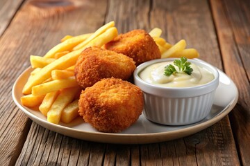 Fried edam cheese with french fries and tartar sauce