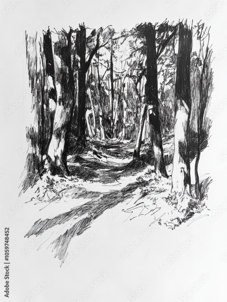 Poster a detailed black ink sketch captures a dense forest with trees casting shadows along a winding path,